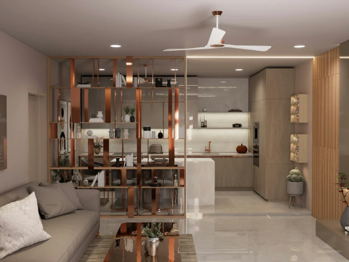 A modern living room with open kitchen and divider.