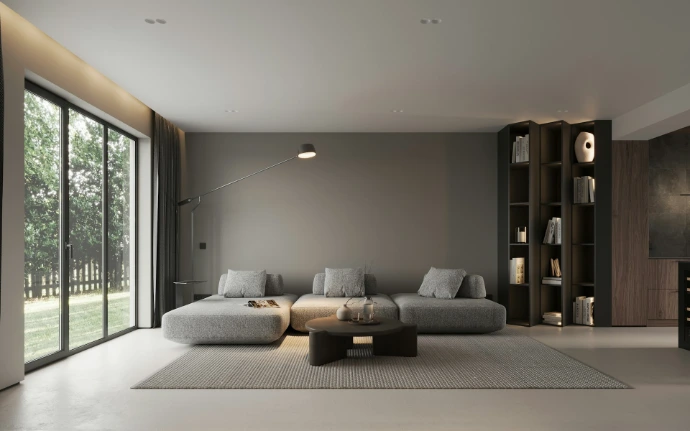 A modern living room with a large window