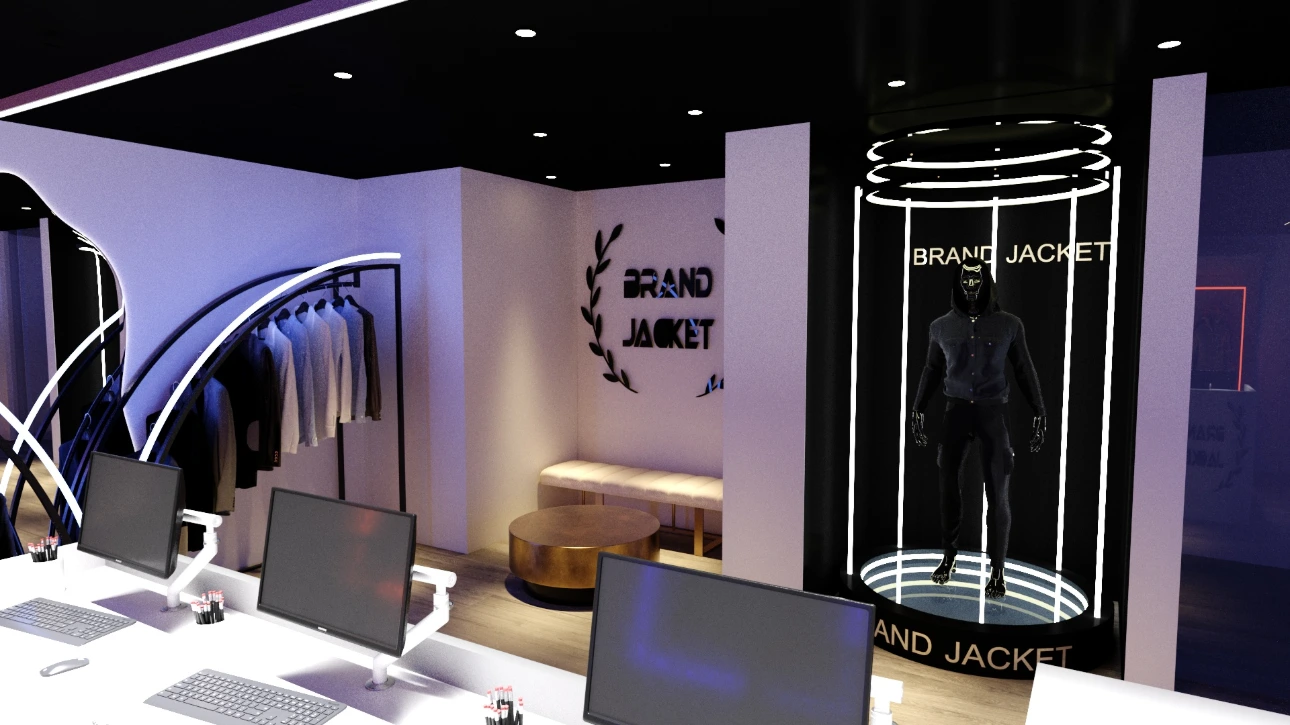 Fashion retail interior with black ceiling and light wood flooring