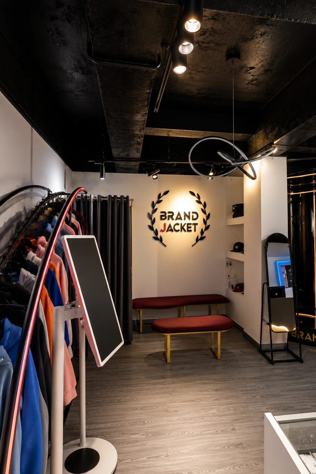 Circular display booth with red lighting for Brand Jacket showroom