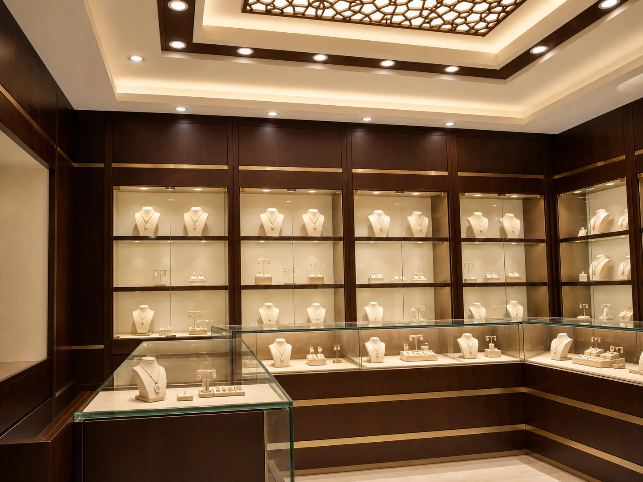 Jewelry store interior with glass display counters and warm lighting
