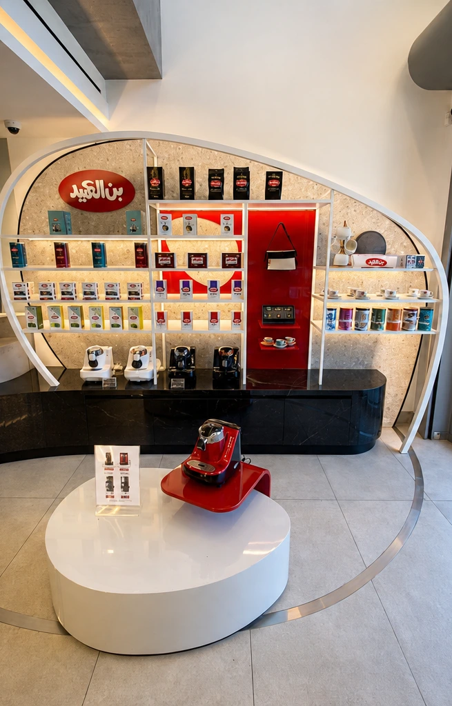2. Coffee machine display platform in Ban Al Ameed, circular display shelves with coordinated red and white colors.