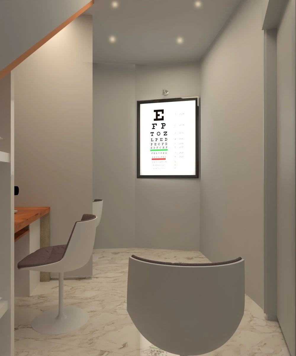 * High-end optical showroom interior design in Amman with wooden finishes and LED lighting