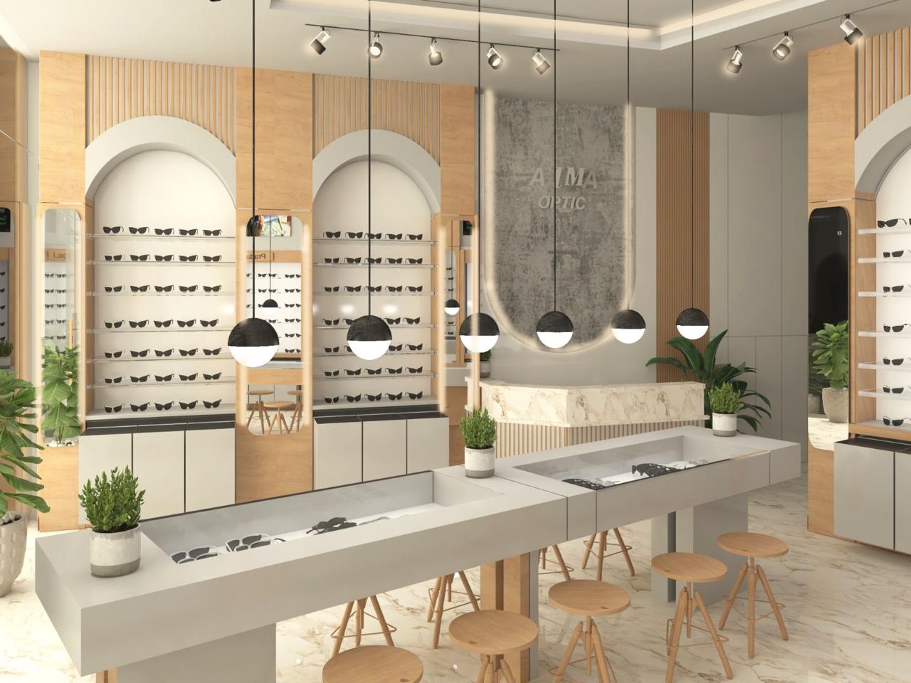 * Modern optical store interior design in Amman by Eagle Ports featuring luxury lighting and custom eyewear displays