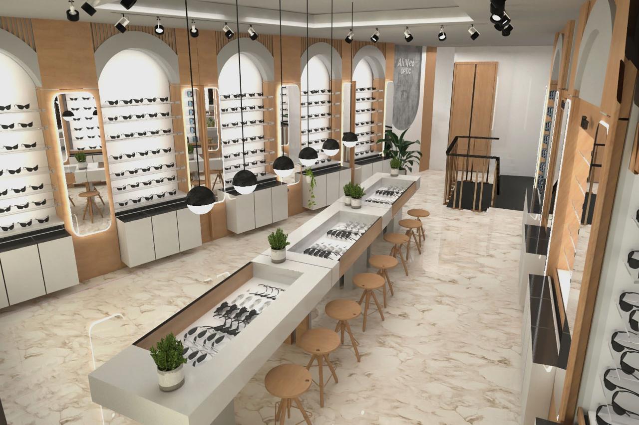 * Modern optical store interior design in Amman by Eagle Ports featuring luxury lighting and custom eyewear displays