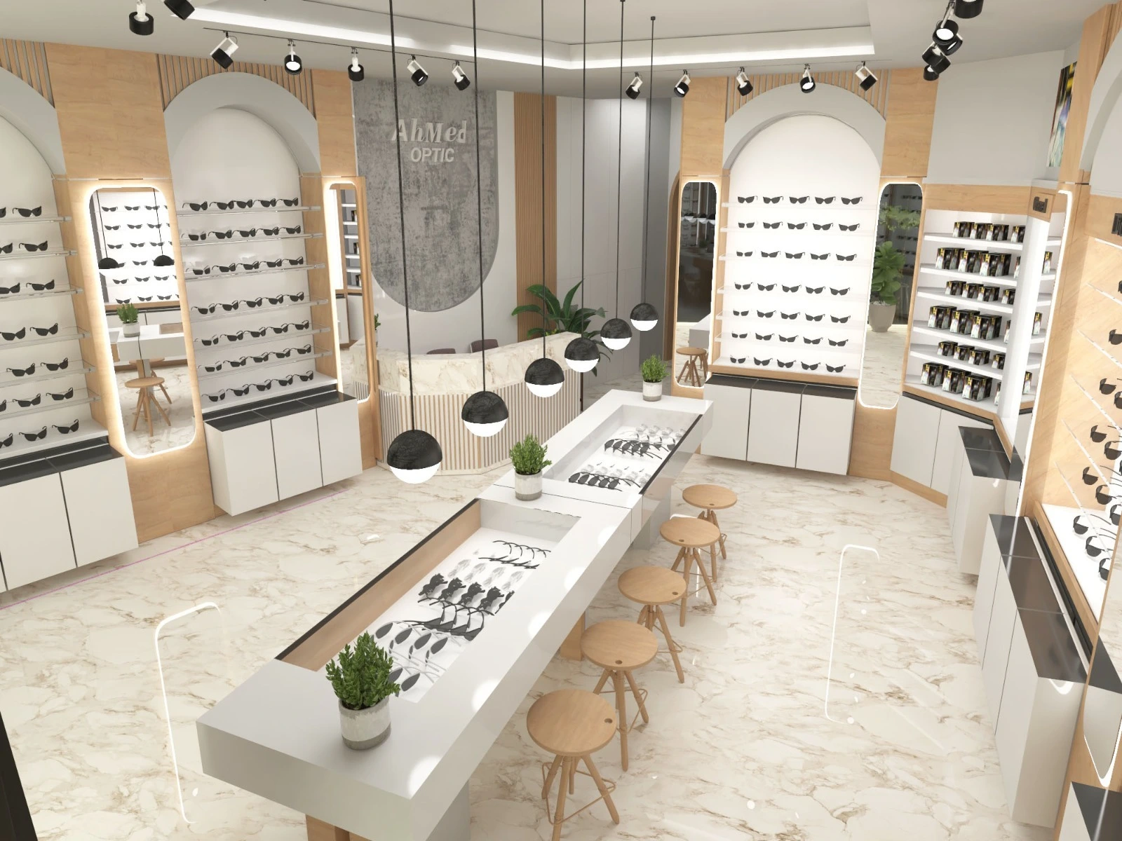 * Modern optical store interior design in Amman by Eagle Ports featuring luxury lighting and custom eyewear displays