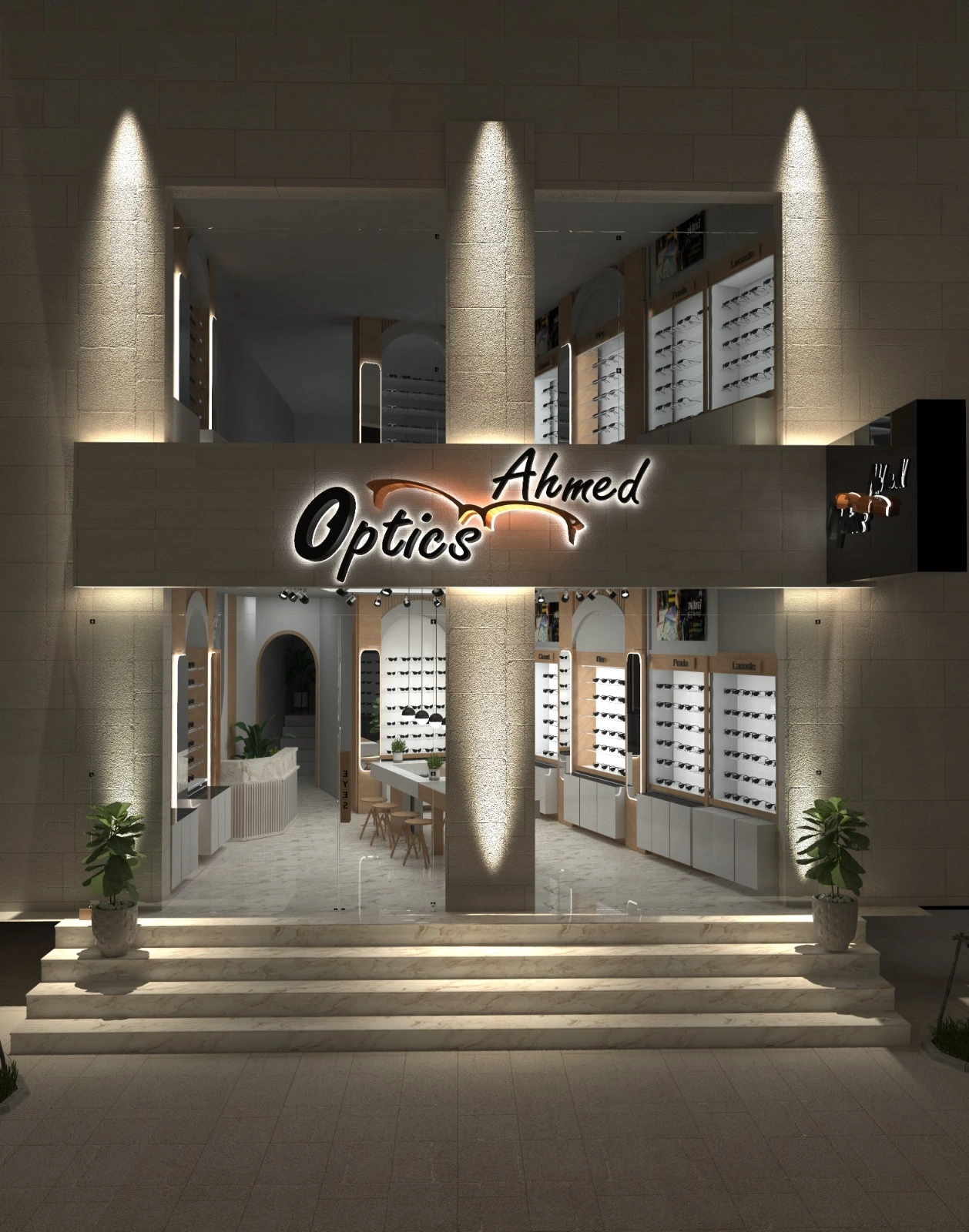 * Modern optical store interior design in Amman by Eagle Ports featuring luxury lighting and custom eyewear displays